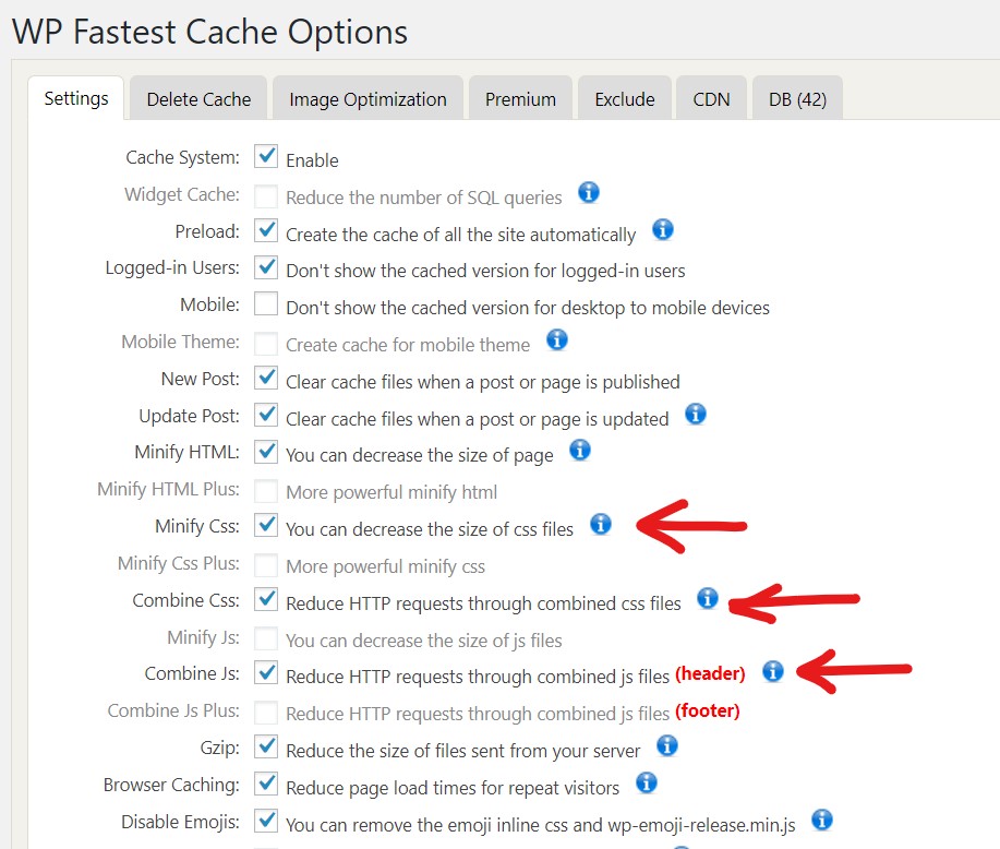 list of the options of the wp fastest cache plugin